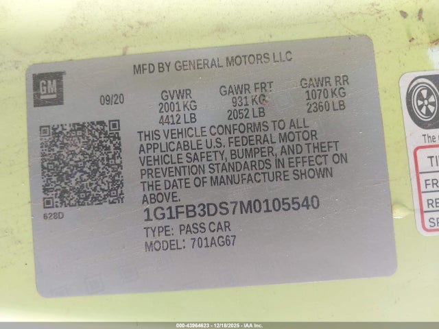 Chevrolet Camaro Rwd 1lt 2021 1G1FB3DS7M0105540 Image 9