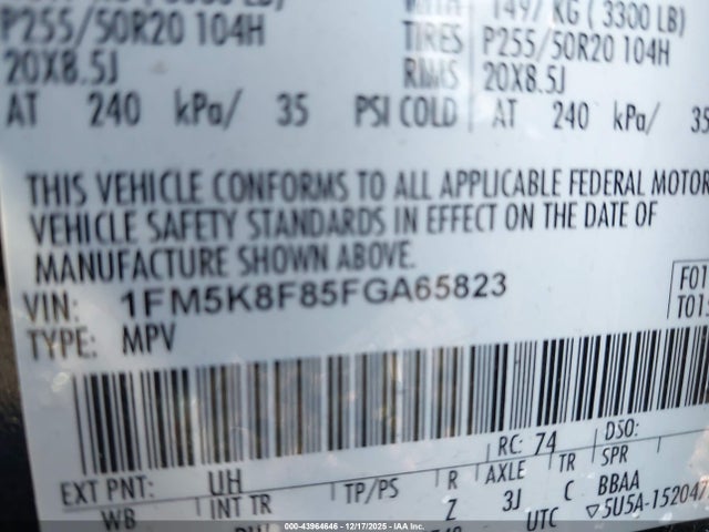 1FM5K8F85FGA65823 Ford Explorer Limited