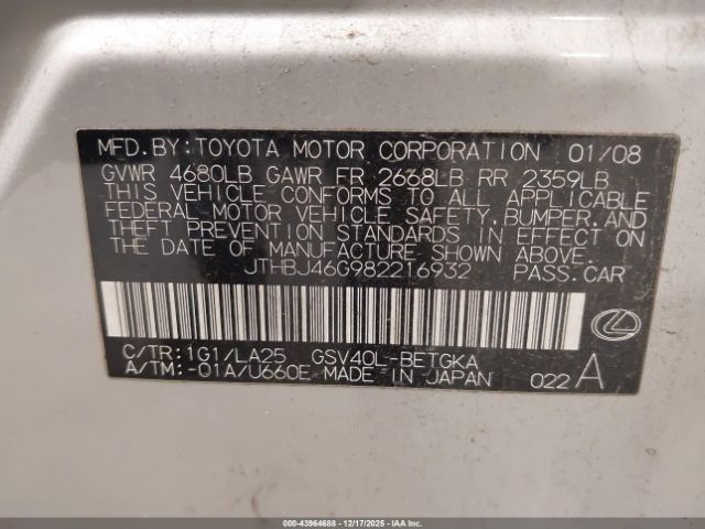 2008 LEXUS ES 350 JTHBJ46G982216932 Photo 8