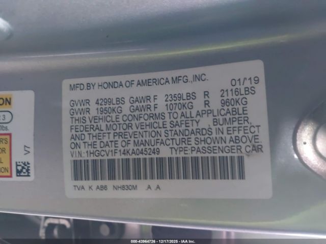 2019 HONDA ACCORD 1HGCV1F14KA045249 Photo 8