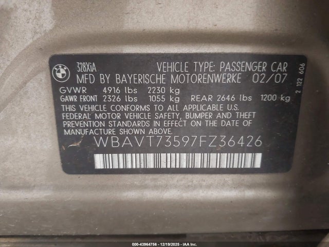 Продаж на аукціоні авто 2007 Bmw 328xi, vin: WBAVT73597FZ36426, номер лоту: 43964756