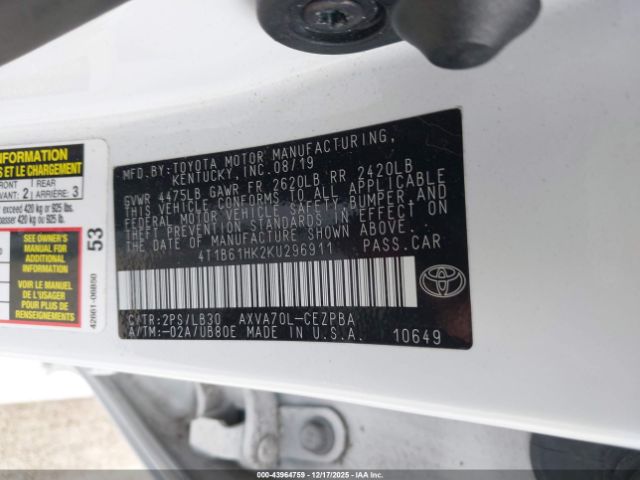 2019 TOYOTA CAMRY 4T1B61HK2KU296911 Photo 8