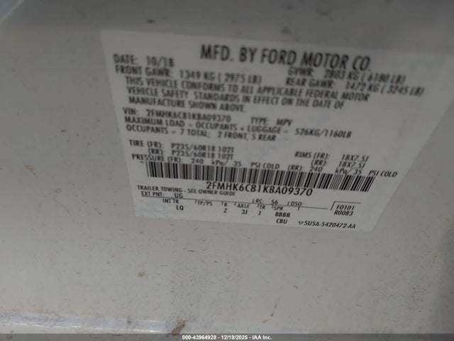 Ford FLEX SEL 2019 2FMHK6C81KBA09370 Image 9