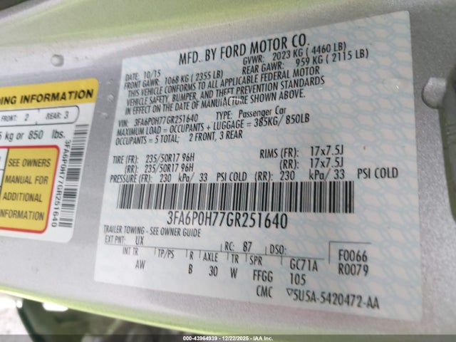 Ford FUSION SE 2016 3FA6P0H77GR251640 Image 9