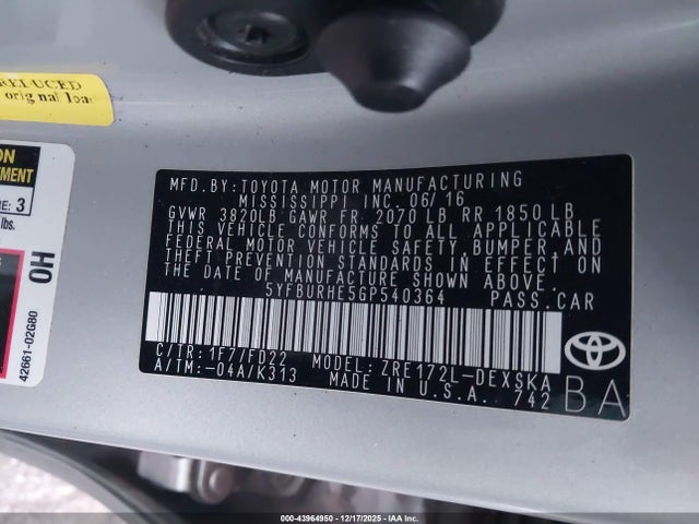 5YFBURHE5GP540364 Toyota Corolla S Plus