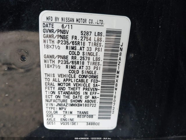 Продаж на аукціоні авто 2011 Nissan Murano Sl, vin: JN8AZ1MWXBW180722, номер лоту: 43965036
