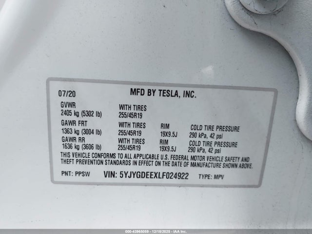 2020 TESLA MODEL Y 5YJYGDEEXLF024922 Photo 8