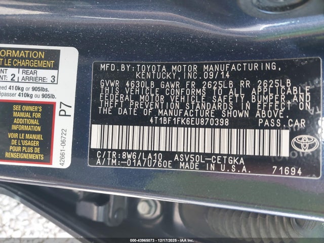 4T1BF1FK6EU870398 Toyota CAMRY XLE