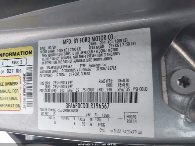 Ford FUSION SEL 2020 3FA6P0CD0LR196567 Image 9