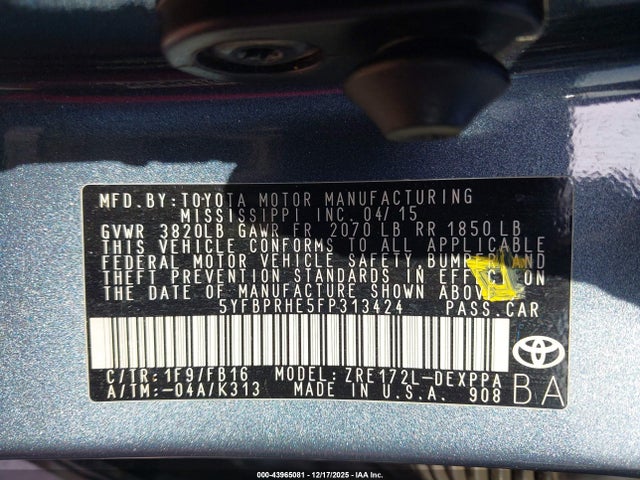 Toyota Corolla Le Eco Plus 2015 5YFBPRHE5FP313424 Image 9