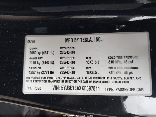 2019 TESLA MODEL 3 5YJ3E1EAXKF397811 Photo 8