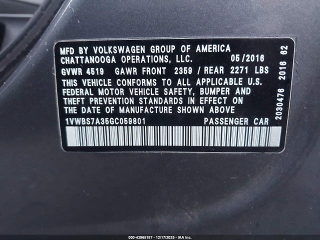Продаж на аукціоні авто 2016 Volkswagen Passat 1.8t Se, vin: 1VWBS7A35GC059801, номер лоту: 43965187
