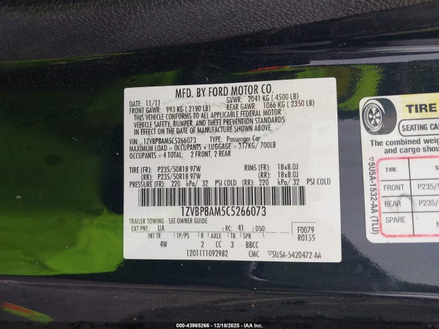 2012 FORD MUSTANG 1ZVBP8AM5C5266073 Photo 8