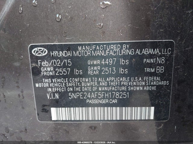 5NPE24AF5FH178251 Hyundai SONATA SE