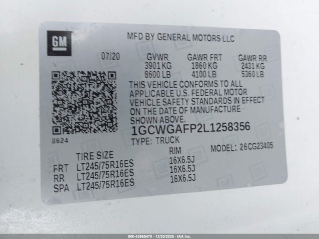1GCWGAFP2L1258356 Chevrolet Express Cargo Rwd 2500 Regular Wheelbase Wt