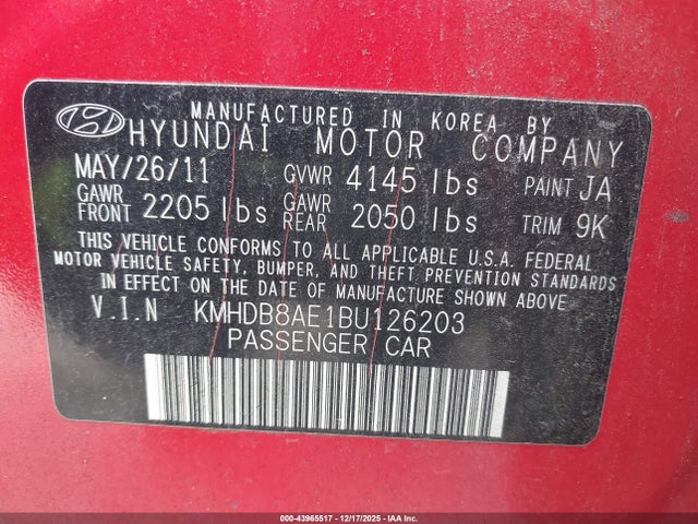 43965517 :رقم المزاد ، KMHDB8AE1BU126203 vin ، 2011 Hyundai Elantra Touring Gls مزاد بيع