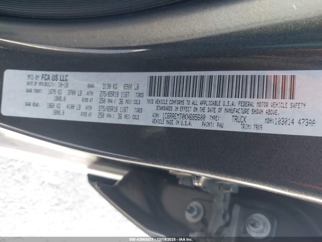 43965521 :رقم المزاد ، 1C6RREMT0KN685600 vin ، 2019 Ram 1500 Big Horn/lone Star  4x2 6'4 Box مزاد بيع