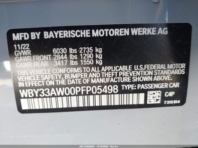 43965652 :رقم المزاد ، WBY33AW00PFP05498 vin ، 2023 Bmw I4 M50 مزاد بيع