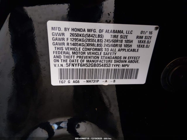 5FNYF6H52GB054853 Honda Pilot Ex-l