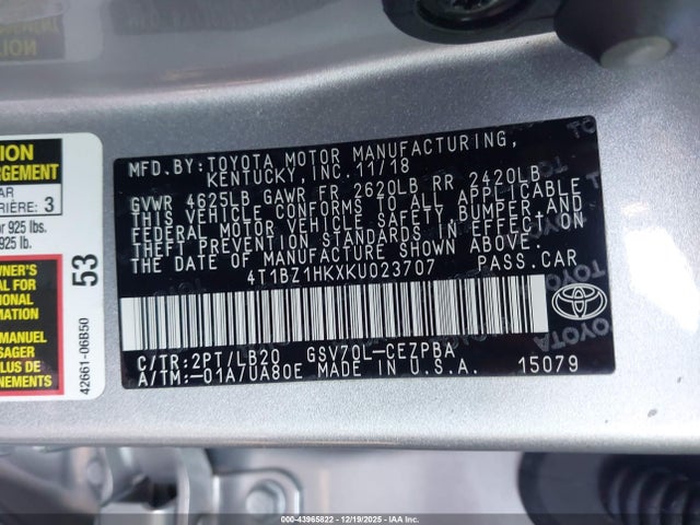 2019 TOYOTA CAMRY 4T1BZ1HKXKU023707 Photo 8