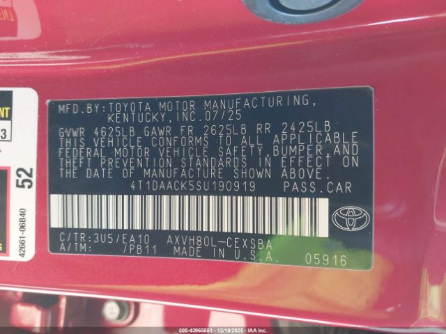 2025 TOYOTA CAMRY 4T1DAACK5SU190919 Photo 8