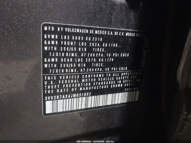 43965943 :رقم المزاد ، 3VV2B7AX6JM031602 vin ، 2018 Volkswagen Tiguan 2.0t Se/2.0t Sel مزاد بيع