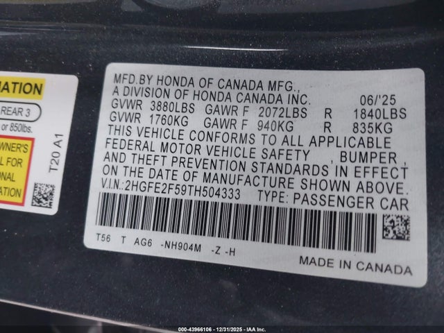 Honda Civic Sport 2026 2HGFE2F59TH504333 Image 9