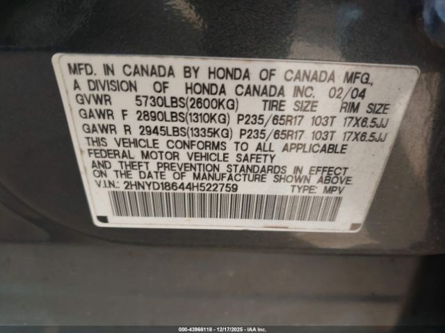 2004 ACURA MDX 2HNYD18644H522759 Photo 8