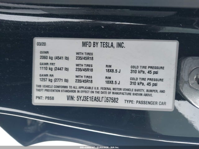 Aukcja sprzedaży 2020 Tesla Model 3 Standard Range Plus Rear-wheel Drive/standard Range Rear-wheel Drive, vin: 5YJ3E1EA5LF657582, numer aukcji: 43966167
