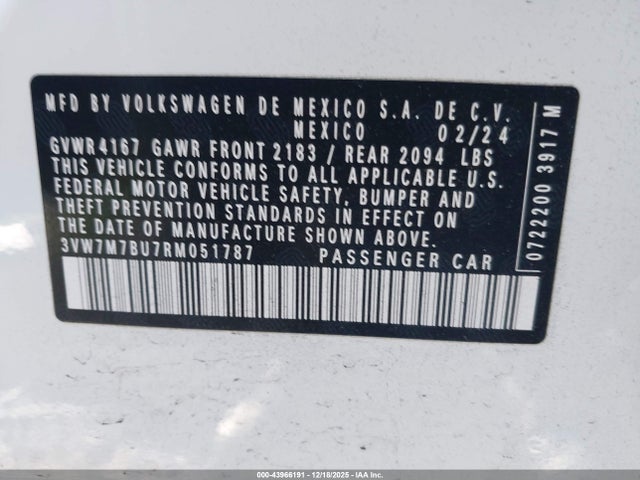 43966191 :رقم المزاد ، 3VW7M7BU7RM051787 vin ، 2024 Volkswagen Jetta 1.5t Se مزاد بيع