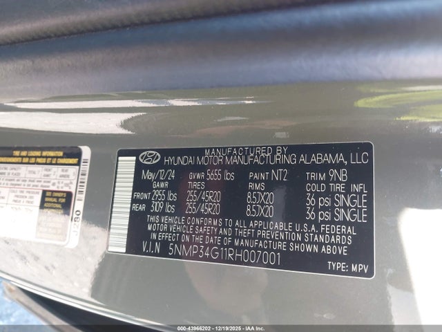 43966202 :رقم المزاد ، 5NMP34G11RH007001 vin ، 2024 Hyundai Santa Fe Hybrid Limited مزاد بيع