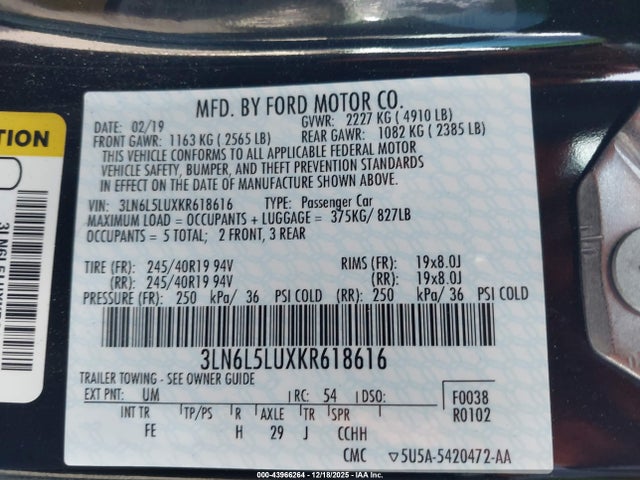3LN6L5LUXKR618616 Lincoln Mkz Hybrid Reserve I