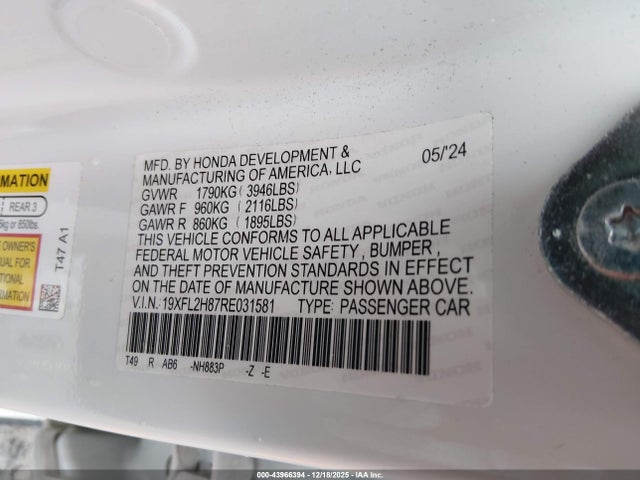 2024 Honda Civic Sport მანქანა იყიდება აუქციონზე, vin: 19XFL2H87RE031581, აუქციონის ნომერი: 43966394