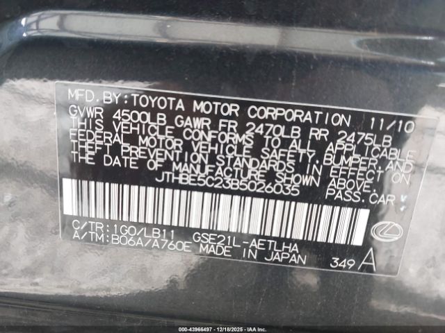 2011 LEXUS IS 350 JTHBE5C23B5026035 Photo 8