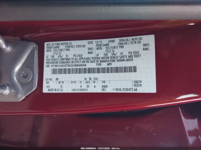 Ford ESCAPE SE 2016 1FMCU0G79GUB84504 Image 9