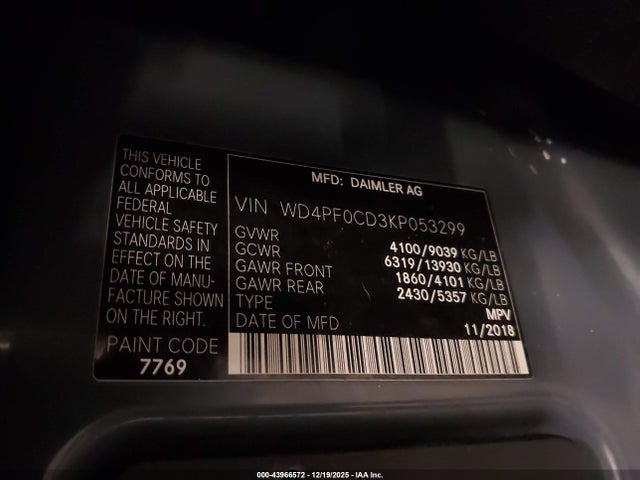 WD4PF0CD3KP053299 Mercedes-Benz Sprinter 2500 Standard Roof V6