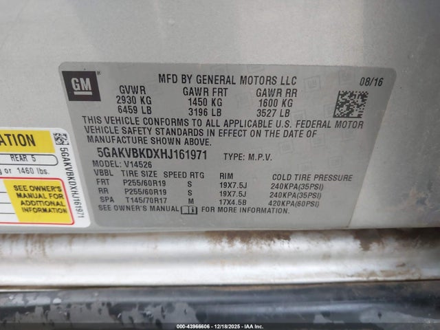 Aukcja sprzedaży 2017 Buick Enclave Leather, vin: 5GAKVBKDXHJ161971, numer aukcji: 43966606