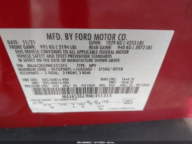 MAJ6S3GL9MC451315 Ford Ecosport Se
