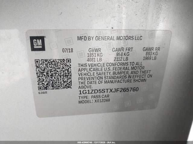 1G1ZD5STXJF265760 Chevrolet MALIBU LT