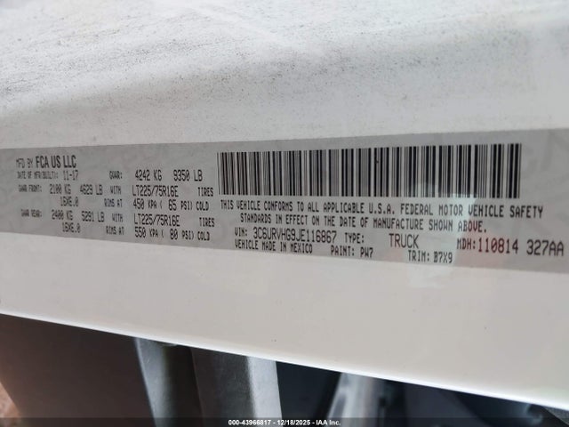 43966817 :رقم المزاد ، 3C6URVHG9JE116867 vin ، 2018 Ram Promaster 3500 High Roof 159 Wb مزاد بيع