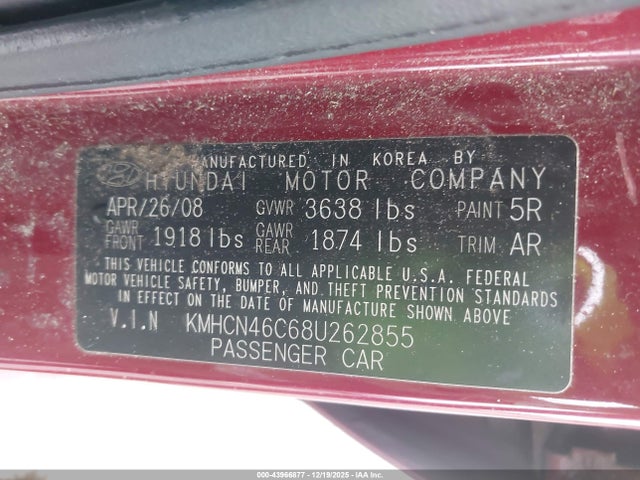 Продажа на аукционе авто 2008 Hyundai Accent Gls, vin: KMHCN46C68U262855, номер лота: 43966877
