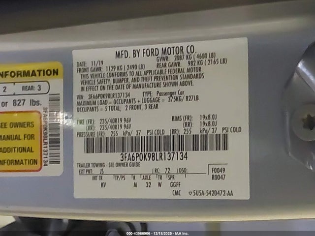 Ford Fusion Titanium 2020 3FA6P0K98LR137134 Image 16