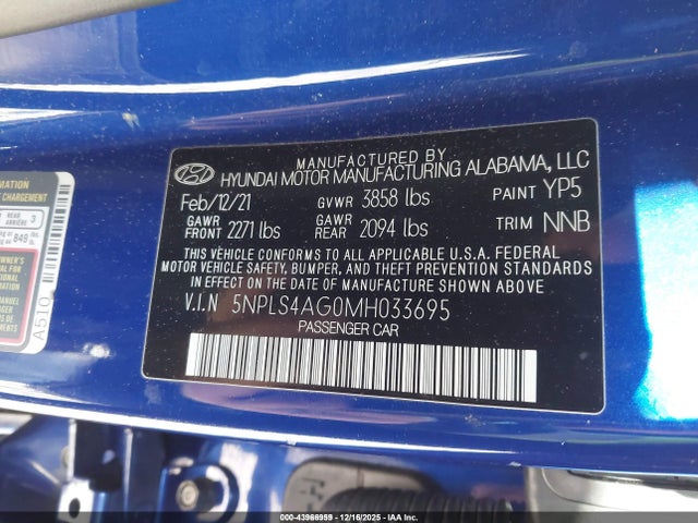 5NPLS4AG0MH033695 Hyundai ELANTRA SEL