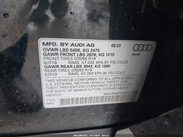 WA1ANAFY1L2073518 Audi Q5 Premium 45 Tfsi Quattro S Tronic