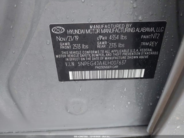 Aukcja sprzedaży 2020 Hyundai Sonata Se, vin: 5NPEG4JA4LH007637, numer aukcji: 43967088
