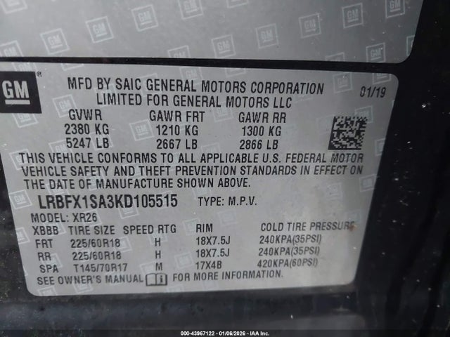 Aukcja sprzedaży 2019 Buick Envision Awd Preferred, vin: LRBFX1SA3KD105515, numer aukcji: 43967122
