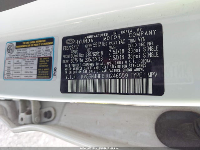 KM8SN4HF6HU246559 Hyundai Santa Fe Limited