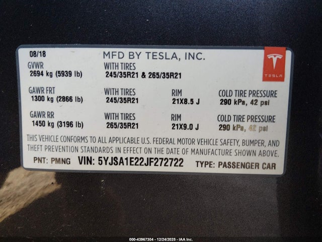 Tesla Model S 100d/75d/p100d 2018 5YJSA1E22JF272722 Image 9