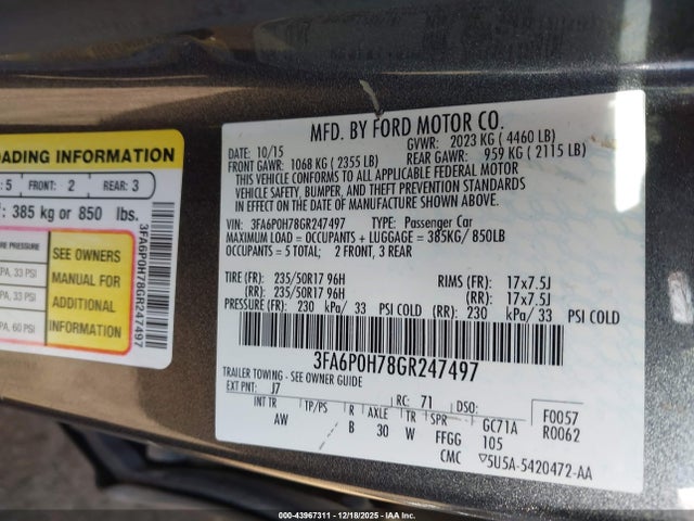 2016 FORD FUSION 3FA6P0H78GR247497 Photo 8