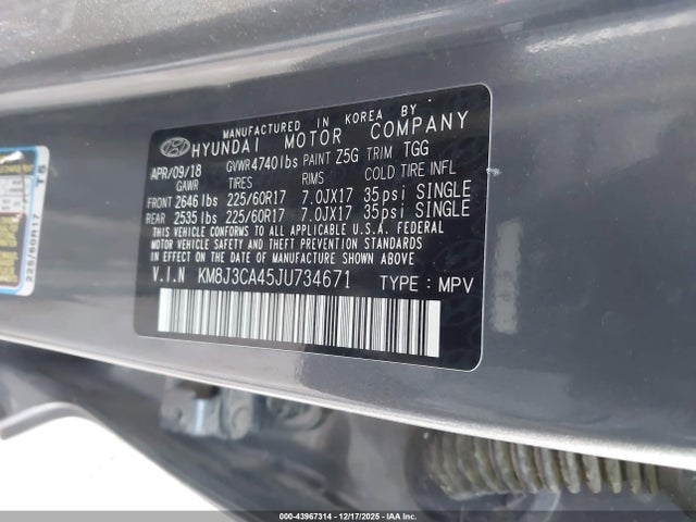 Aukcja sprzedaży 2018 Hyundai Tucson Sel, vin: KM8J3CA45JU734671, numer aukcji: 43967314